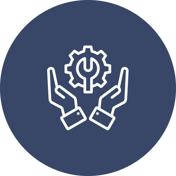 Hands holding gear symbol on blue background